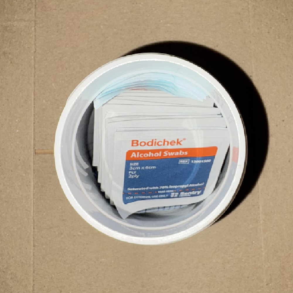 Stack of Bodichek alcohol swab packets neatly arranged inside the capsule tub.
